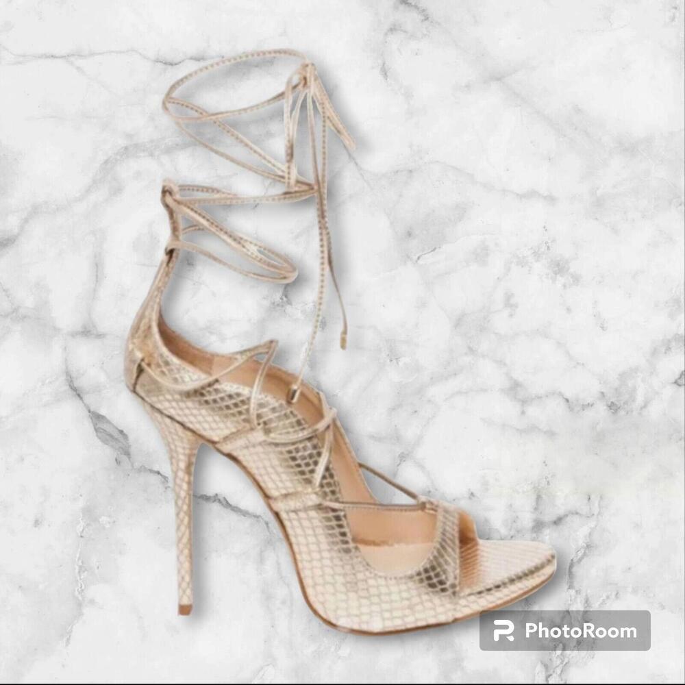 Steve Madden Roxy Heel Metallic Gold Snake Print Reptile Strappy Stiletto 5.5 M